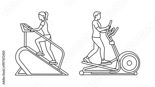 A woman using a stair climber machine and a man on an elliptical trainer symbolize fitness.