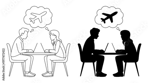 Two pairs of people sitting at tables with laptops dream of flying on airplanes.