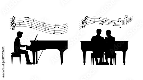Silhouettes of people playing piano and sheet music indicate a musical performance or lesson.