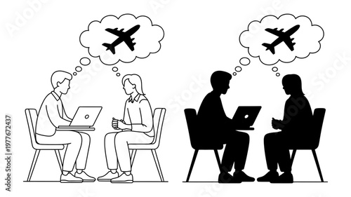Two pairs of people sit at tables with laptops, each person dreaming of flying.