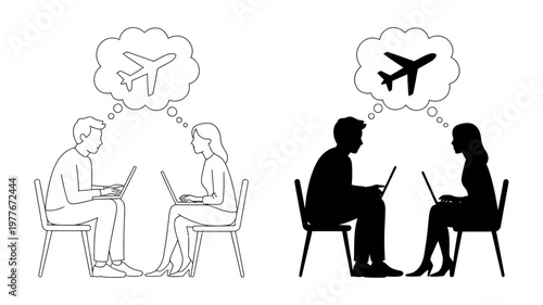 Two pairs of people sitting at tables with laptops dream of flying on airplanes.