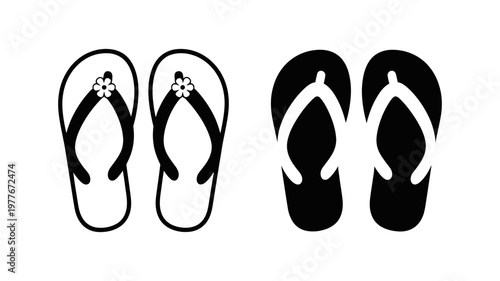 A pair of stylized flip-flops, one in outline and the other as a solid black silhouette, for summer wear.