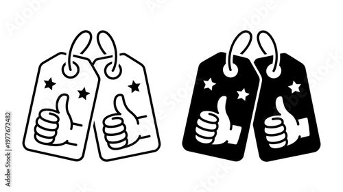 Two gift tags or price tags featuring a thumbs-up gesture and stars, in outline and silhouette styles.
