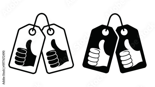 Two stylized tags, each displaying a hand giving a thumbs-up with stars, rendered in line art and solid fill.