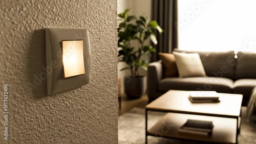 Persons Finger Pushing a Light Switch in a Modern Living Room.