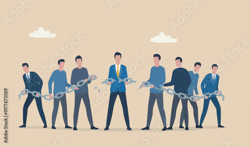 Supply chain problem, risk vulnerability industrial business, connection management chain together into concept, fatigue businessman manager holding metal to chain together