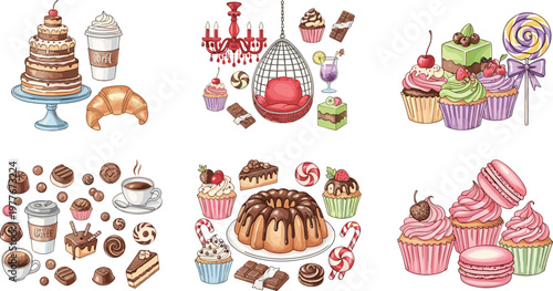 Set of Desserts and Sweets Illustrations Including Cupcakes, Lollipops, Coffee, Cake, and Chocolate for Bakery, Sweet Treats, and Food Designs