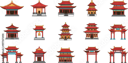 Set of Traditional Chinese Architecture Illustrations Featuring Pavilions, Temples, and Gates for Cultural and Historical Designs