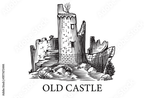 Old castle and tower of a medieval construction. Fortress or Chateau with ruins and walls. Hand drawn engraving in traditional style. Lineart illustration for branding.