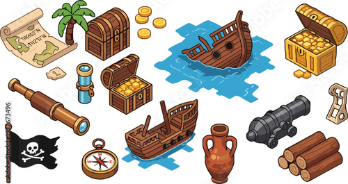 Set of Pirate-Themed Illustrations with Treasure, Pirate Ship, Map, Telescope, and Cannon for Adventure, Fantasy, and Game Designs
