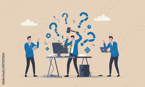 Frustration lines and minimal meeting teams together shading mistake concept, frustrated businessman hitting to computer with hammer
