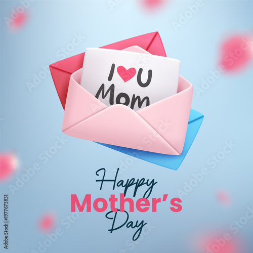 Happy Mother Day Greeting Card with I Love You Mom Envelopes, Vector Illustration