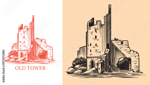 Old castle and tower of a medieval construction. Fortress or Chateau with ruins and walls. Hand drawn engraving in traditional style. Lineart illustration for branding.