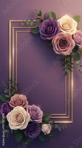 Luxurious Golden Rectangular Frame Adorned with a Beautiful Arrangement of Roses and Greenery on a Purple Background