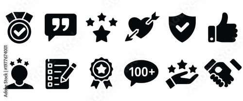 Glyph, vector icon collection with customer feedback symbols including star ratings, satisfaction indicators, and approval badges, clean modern design