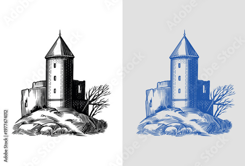 Old castle and tower of a medieval construction. Fortress or Chateau with ruins and walls. Hand drawn engraving in traditional style. Lineart illustration for branding.