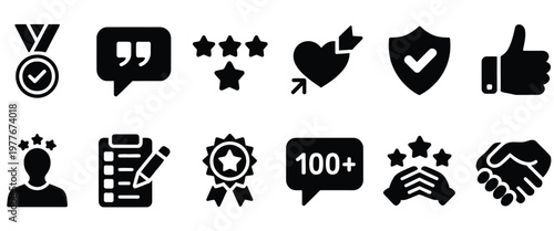 Glyph, icon set representing customer review, satisfaction, and feedback concepts, featuring star ratings, quality medals, and approval symbols, modern vector