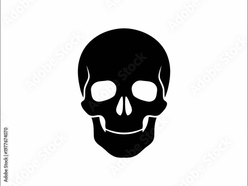 Minimalist vector graphic illustration of a human skull silhouette rendered in bold black ink against a stark white surface for modern artistic and creative design projects