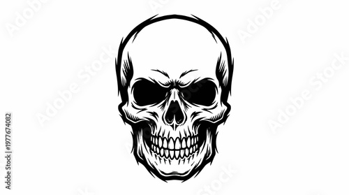 Intricate black and white human skull vector graphic illustration featuring sharp anatomical details and bold artistic linework suitable for modern dark themed design project branding elements