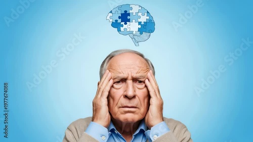 Elderly man suffering with cognitive decline and memory loss. Senior patient experiencing alzheimer disease symptoms. Mental health care and brain rehabilitation concept.