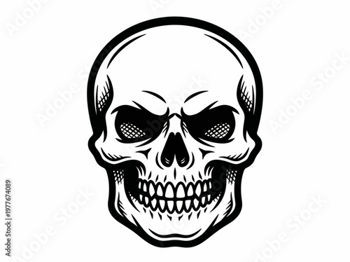 Detailed vector illustration of a scary human skull with bold black outlines designed in a clean artistic style for use in various edgy graphic projects