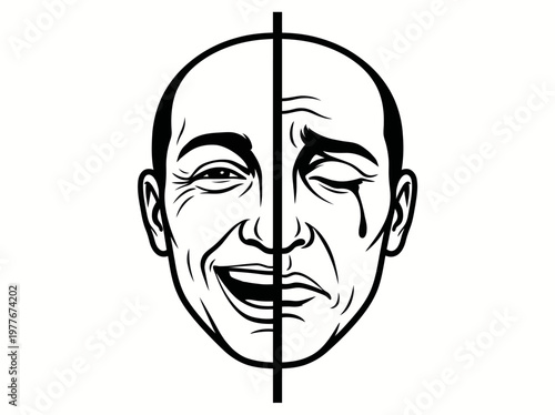 Vector illustration featuring a stylized human face divided perfectly into two contrasting halves to represent the complex duality of human emotions like joy and deep sadness