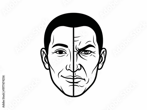 Creative vector graphic illustration showing a human face split between happy and angry expressions to represent the concept of duality in human emotions and psychology
