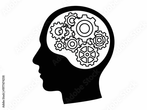 Black and white vector illustration showing a human head silhouette with complex gears inside representing the internal mental processes of human thinking and logical cognitive development
