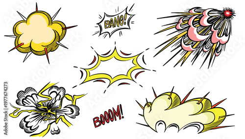 Hand drawn collection of a comic bangs, bursts and explosions in 50s 60s style. Traditional inking illustration.