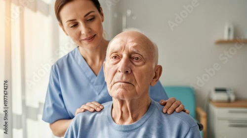 Nurse giving shoulder massage to elderly man in clinic. Professional physiotherapist helping senior patient with mobility recovery during rehabilitation therapy.