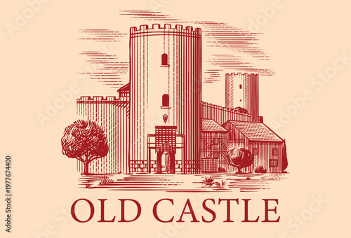 Old castle and tower of a medieval construction. Fortress or Chateau with ruins and walls. Hand drawn engraving in traditional style. Lineart illustration for branding.