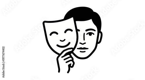Stylized vector graphic illustration showing a human face hiding true emotions behind a simple smiling theater mask to portray the concept of duplicity and hidden feelings