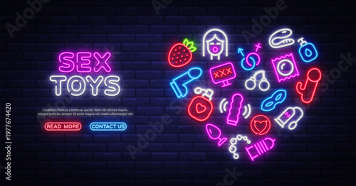 Colorful neon composition with adult accessories icons forming a glowing circle on a brick wall. Stylish vector design for erotic boutique advertising or website header.