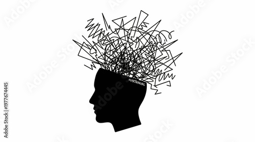 Conceptual vector illustration of a human head silhouette filled with tangled messy lines representing the complex psychological struggle of overthinking and deep mental stress today