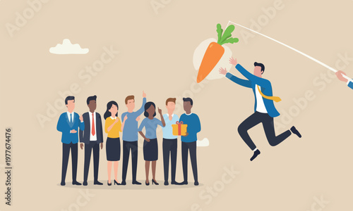 Motivation employee together manipulation concept, seduced businessman jump in the air to catch tempting carrot baiting lure from the stick