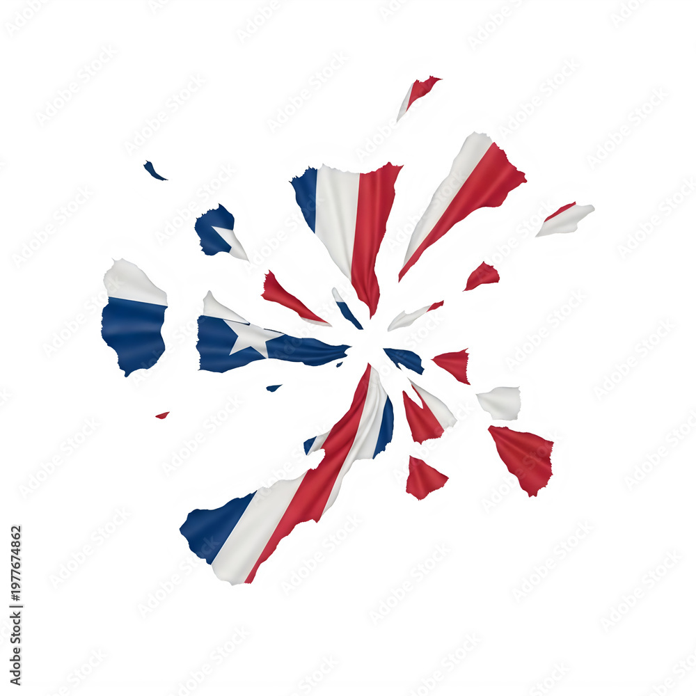 Obraz premium Shattered Puerto Rico flag with broken fabric pieces, exploding national flag of Puerto Rico, patriotic symbol in fragments for crisis or change isolated on White Background