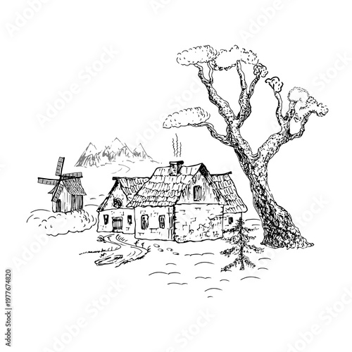 Winter country house, a cottage under a fir tree and a windmill.