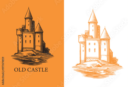 Old castle and tower of a medieval construction. Fortress or Chateau with ruins and walls. Hand drawn engraving in traditional style. Lineart illustration for branding.