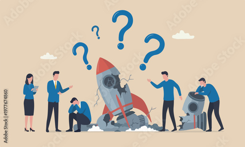 Fail The the modern,meeting teams together flat design with clean lines and minimal shading crash launching space rocket metaphor of new business failure