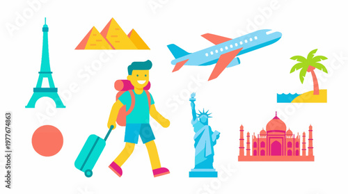 Vibrant flat vector graphic illustration depicting a cheerful tourist backpacker carrying luggage and traveling to see world famous monuments and landmarks around the entire globe today