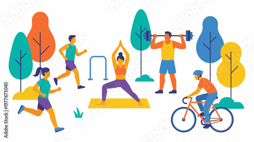 Active people perform various fitness exercises in a park setting within this colorful vector illustration showing diverse healthy lifestyle activities for wellness and physical vitality