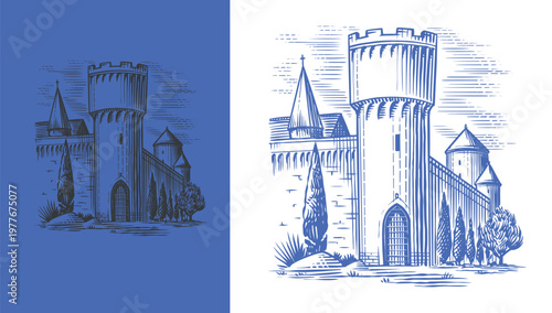 Old castle and tower of a medieval construction. Fortress or Chateau with ruins and walls. Hand drawn engraving in traditional style. Lineart illustration for branding.
