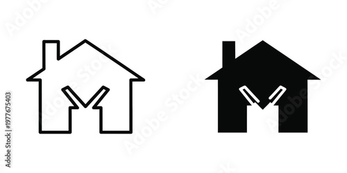 Contrasting house icons with varying fill styles and scissor marks inside