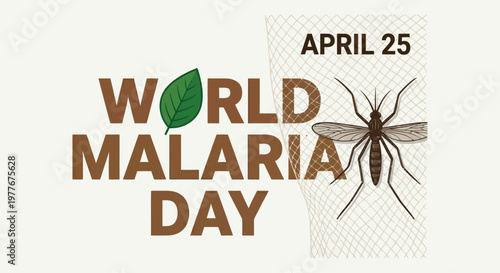 World Malaria Day awareness greeting banner with green leaf and mosquito silhouette over mesh net background