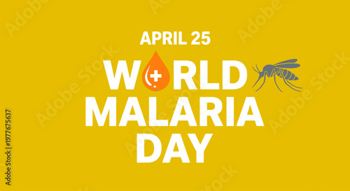 World Malaria Day awareness greeting banner with orange medical drop and mosquito silhouette on YELLOW background