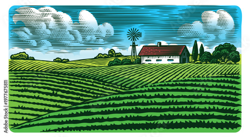 Rustic meadow hand drawn village landscape illustrations with fields, house and windmill. Beautiful rural scentic farm view for milk, cheese farm products. Eco natural food engraving.