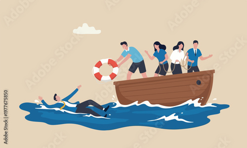 Help in business teams together aid to solve problem, emergency lifebuoy concept, hopeless businessman drowning in ocean try to grab lifebuoy from safe guard