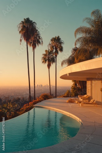 Poolside view of palm trees and city skyline at sunset in Los Angeles with modern architecture and clear water reflecting evening light