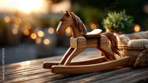Nostalgic Wooden Rocking Horse on Rustic Table at Golden Hour
