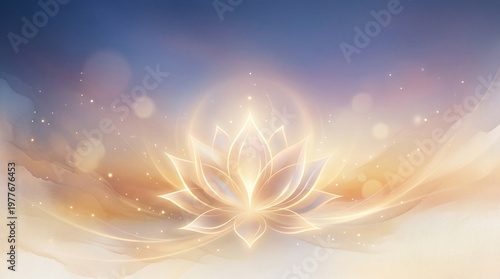 Glowing golden lotus flower background with spiritual light rays and sparkles for meditation zen yoga and mindfulness design representing purity enlightenment and wellness